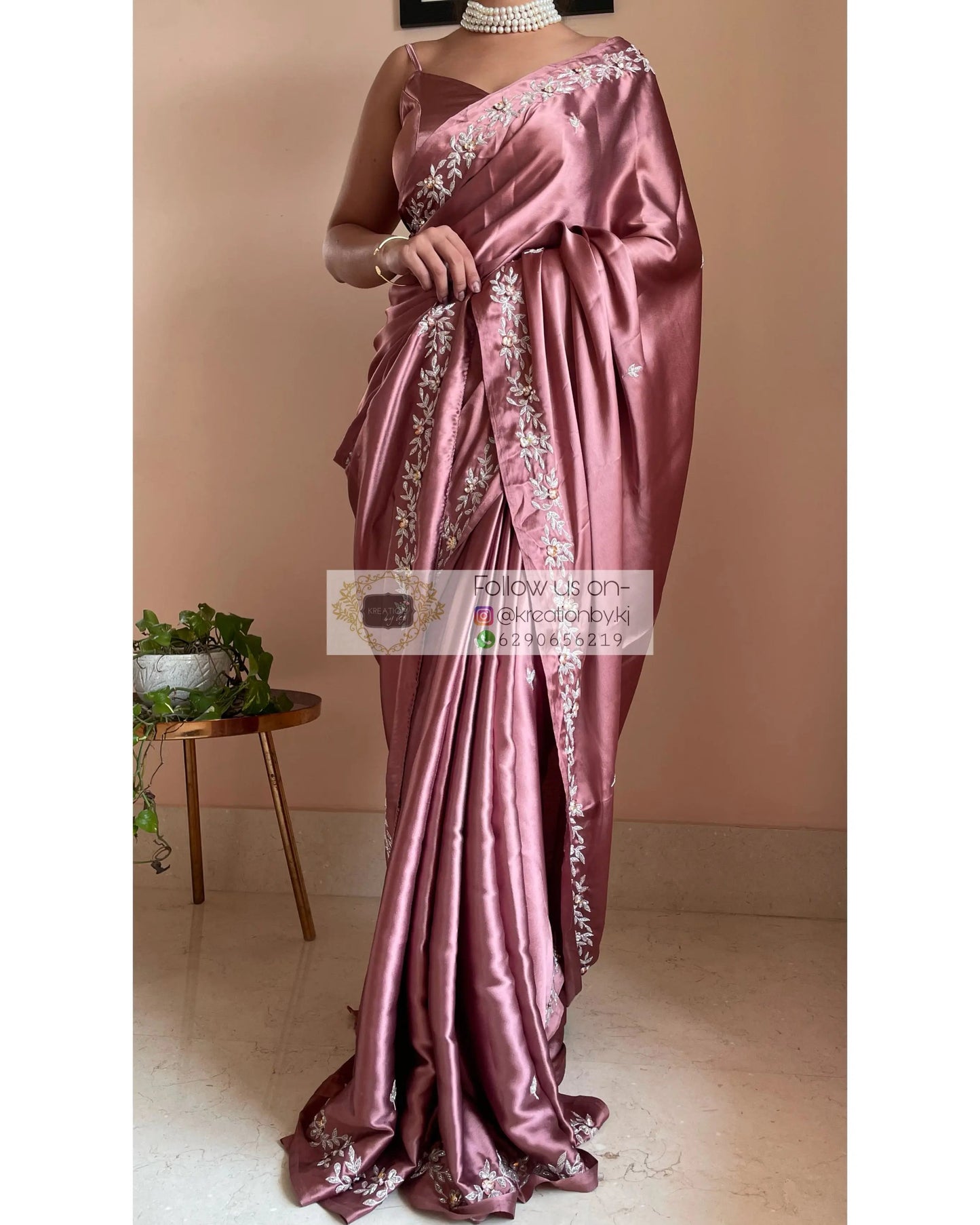 Rose Gold Satin Silk Chandani Saree - kreationbykj