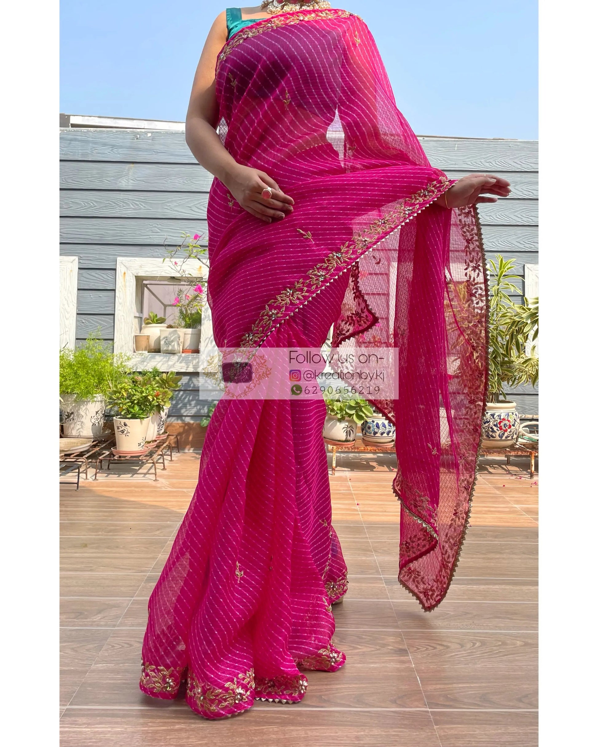 Hot Pink Chandani Leheriya Saree - kreationbykj