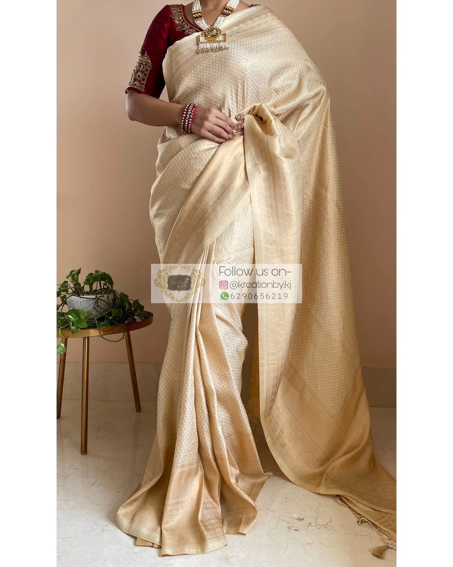 Beige Banarasi Saree with Designer Blouse - kreationbykj