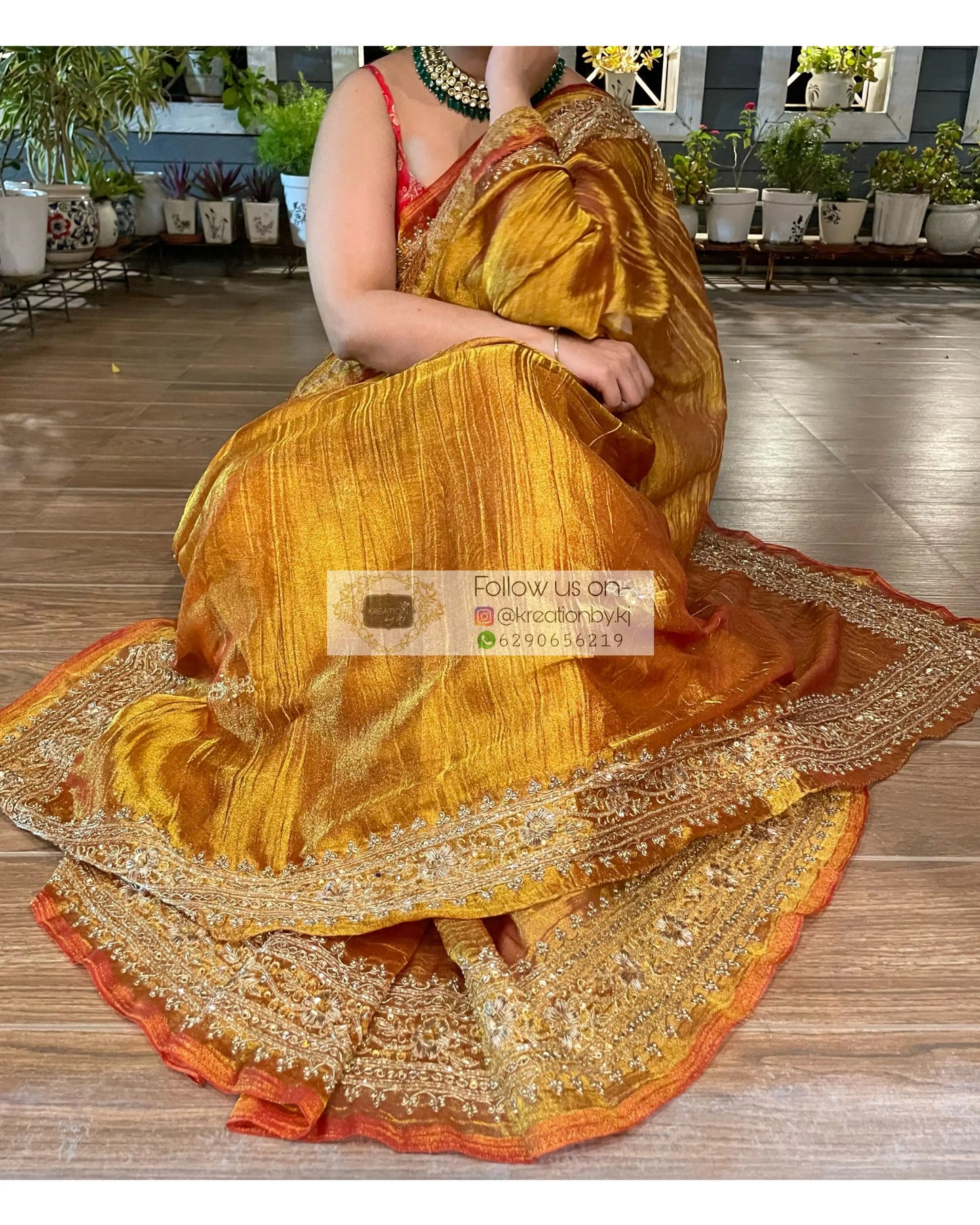 Fiery Gold Zari Tissue Zarina Saree kreationbykj