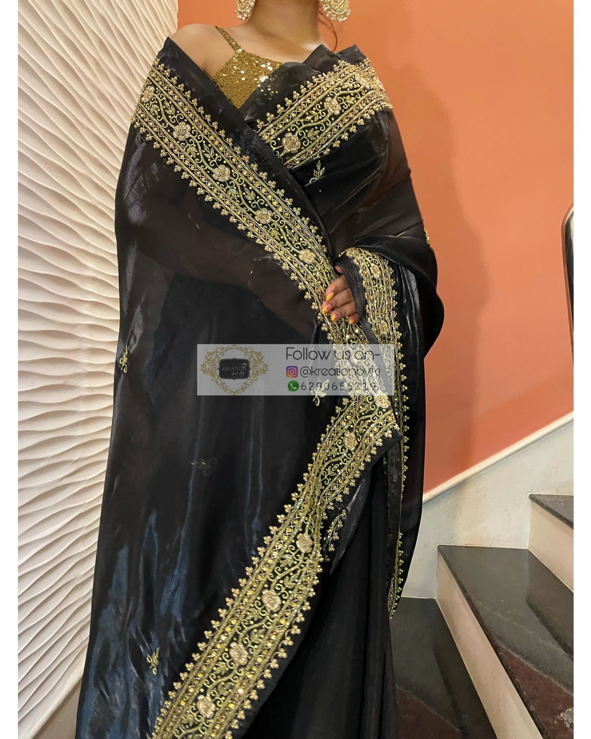 Black Zarina Glassy Organza Saree kreationbykj