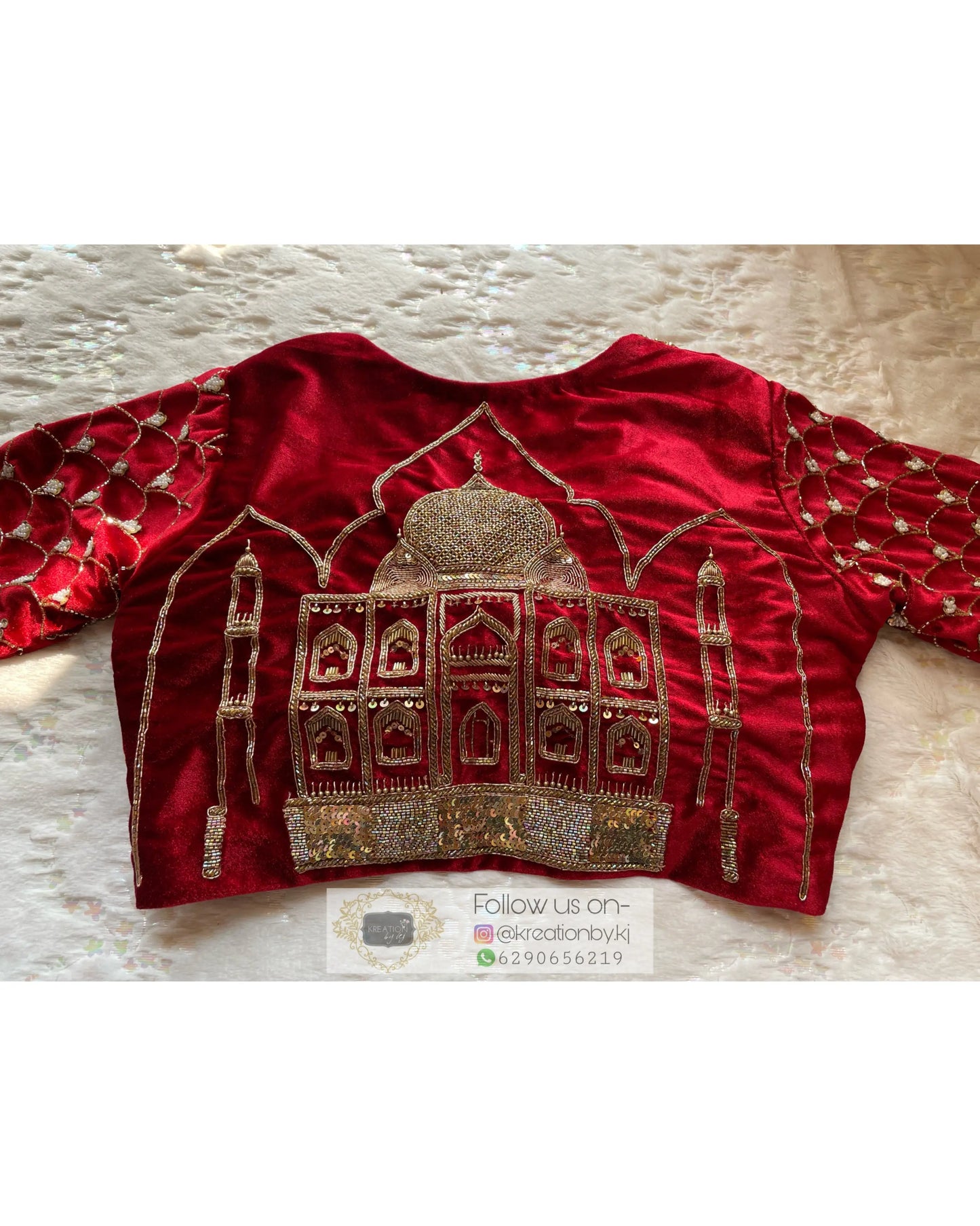 Maroon Velvet Taj Mahal Accent Blouse Piece