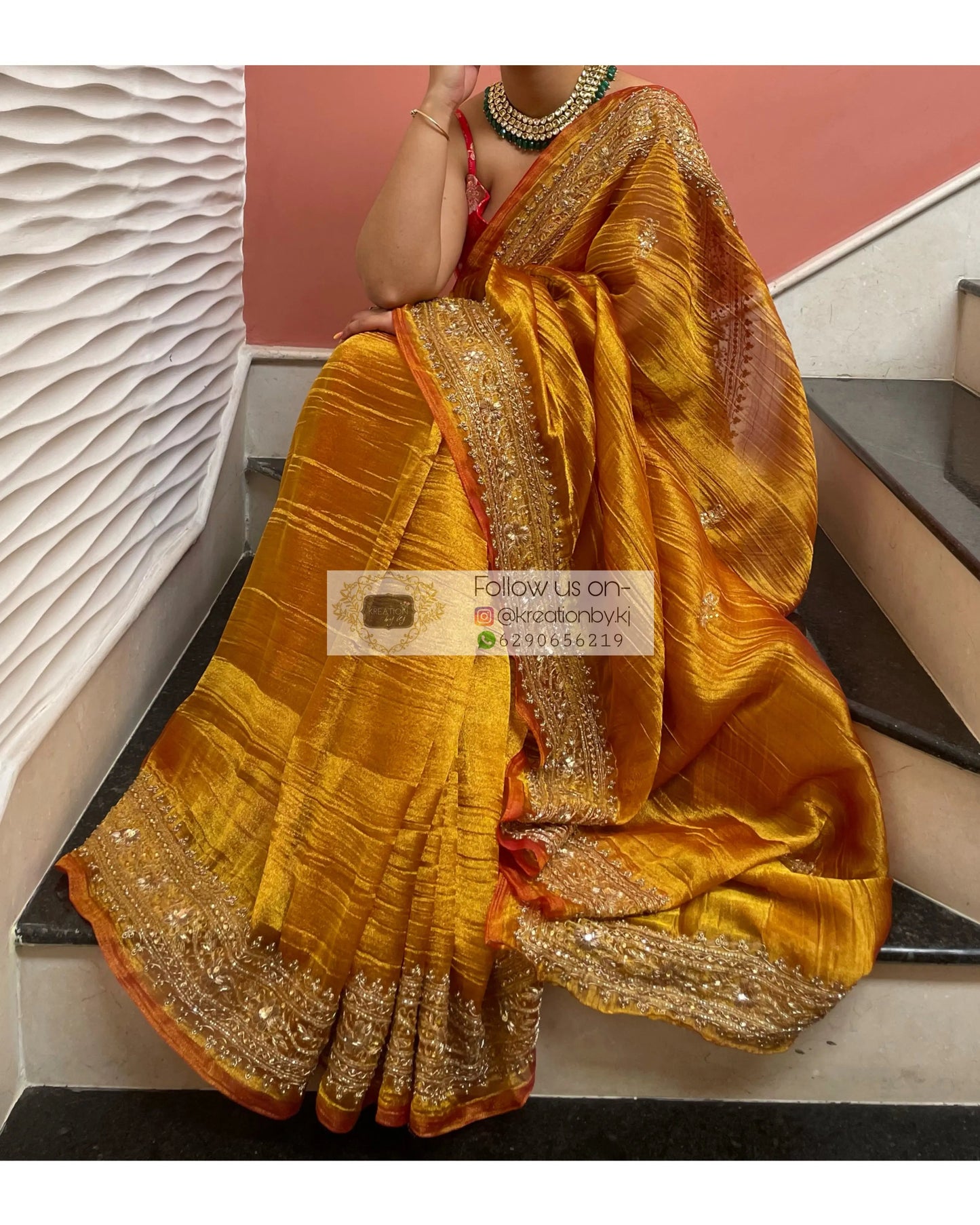 Fiery Gold Zari Tissue Zarina Saree kreationbykj