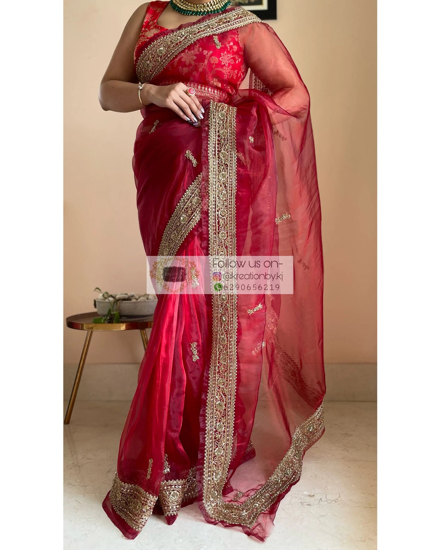 Red Glass Tissue Zarina Saree - kreationbykj