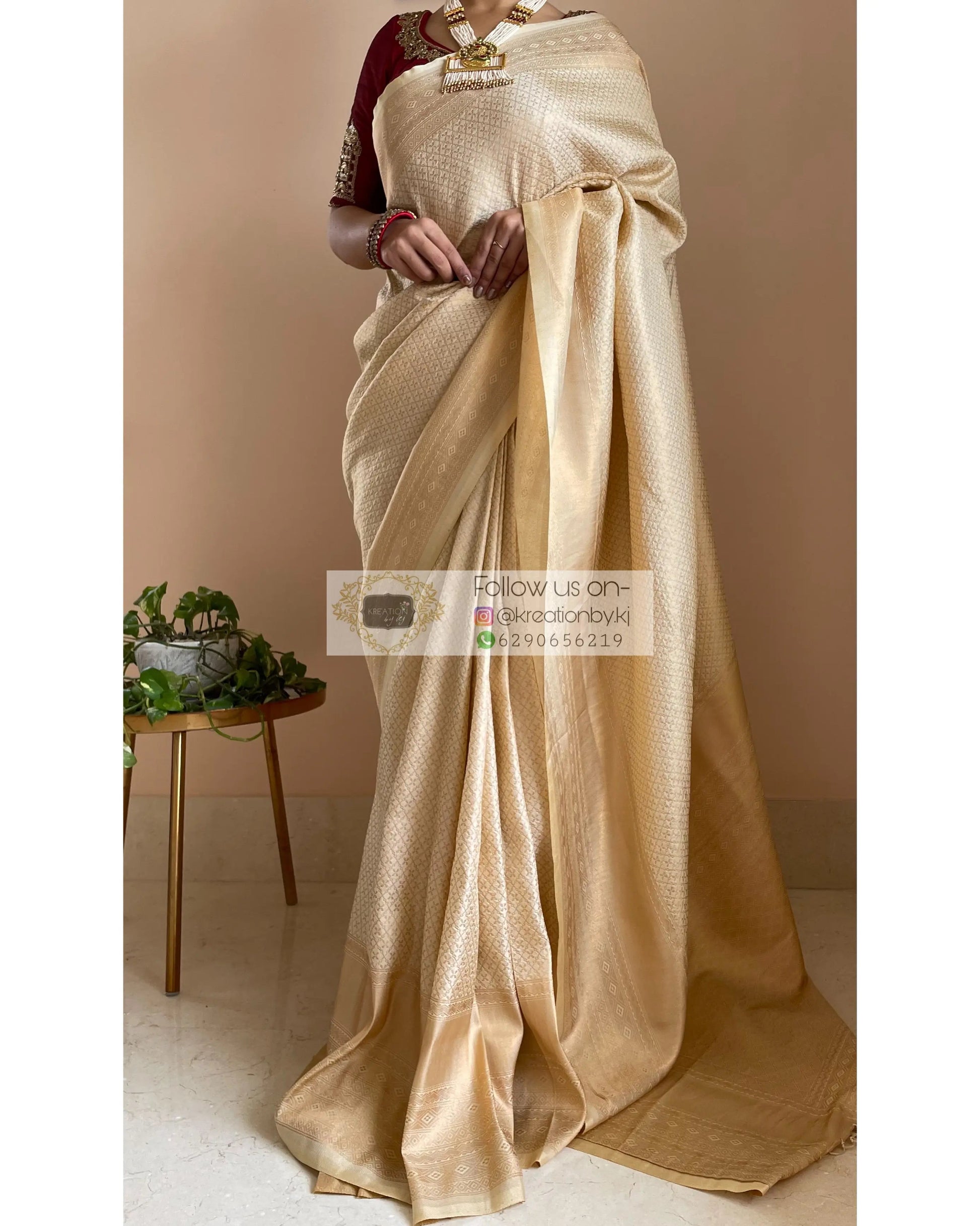 Beige Banarasi Saree with Designer Blouse - kreationbykj