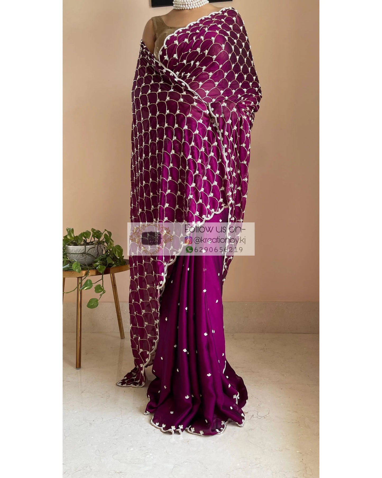 Wine Georgette Cutdana Mehraab Jaal Saree - kreationbykj