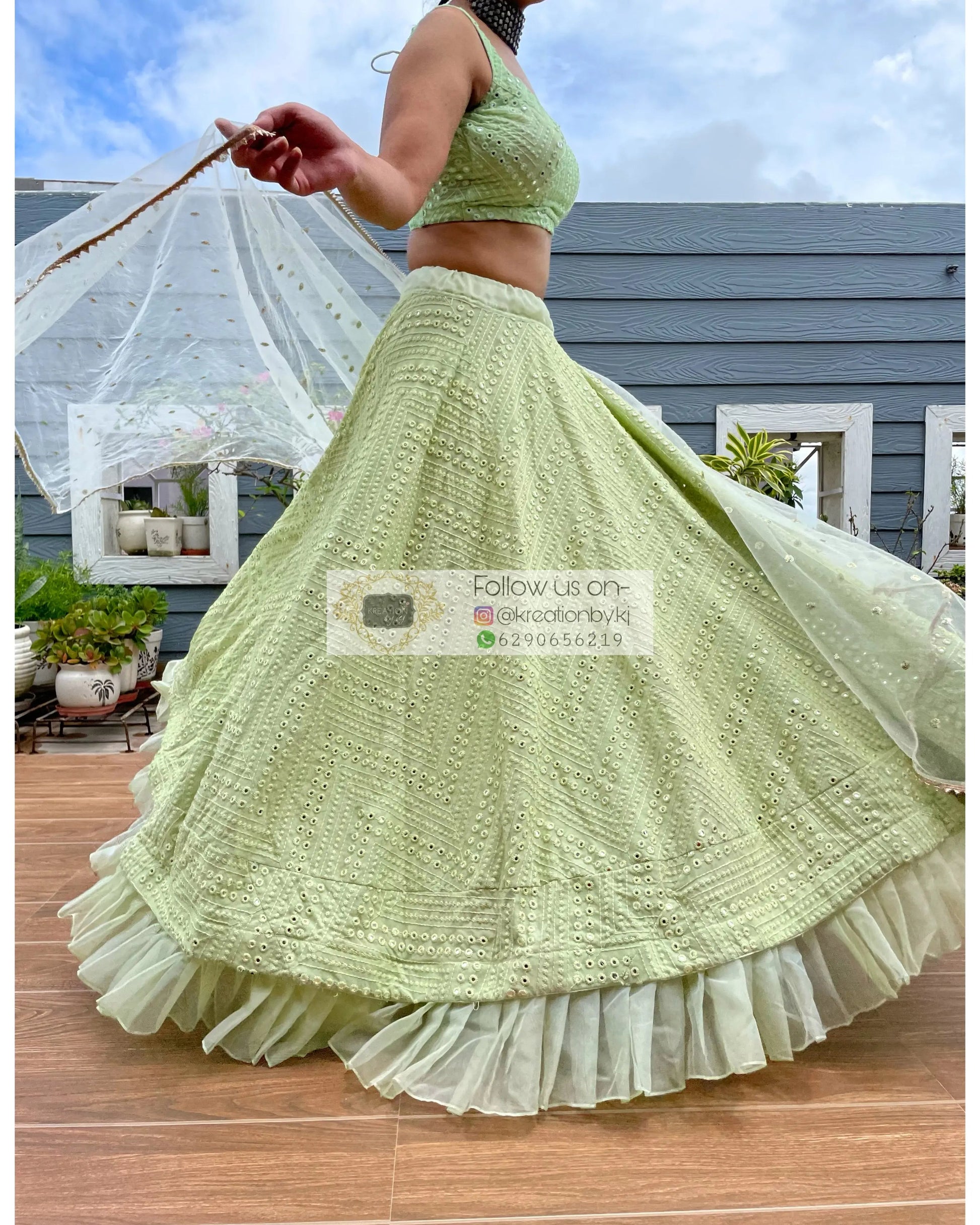 Green Sheesh Mahal Lehenga Set - kreationbykj