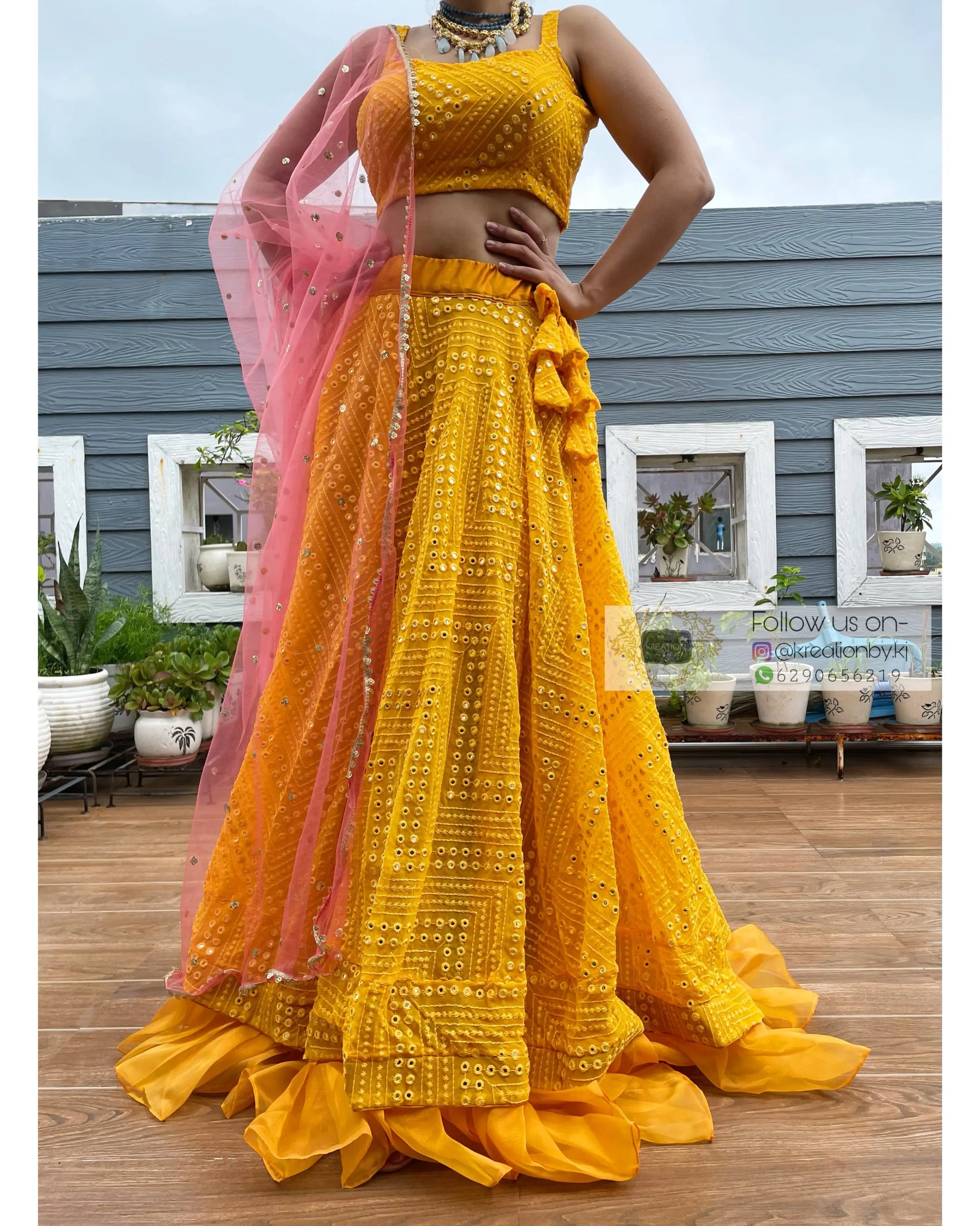 Yellow Sheesh Mahal Lehenga Set - kreationbykj